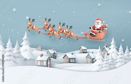Santa Sleigh Flying Over Winter Town with Snow and Pine Trees