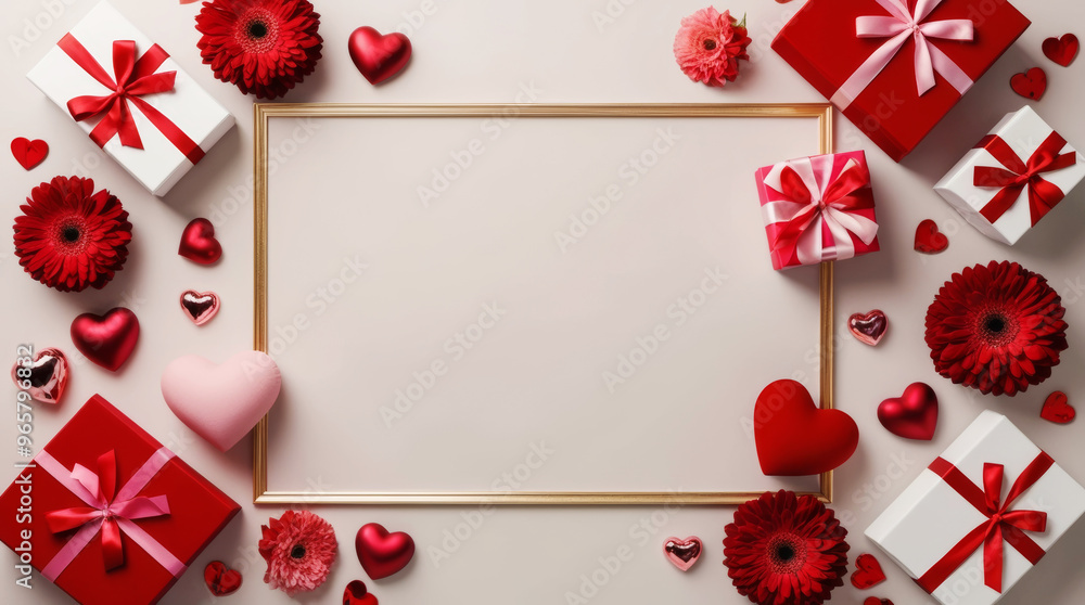 Festive elegant background in pink and red tones with gifts, hearts and flowers with copy space Festive elegant background in pink and red tones with gifts, hearts and flowers with copy space