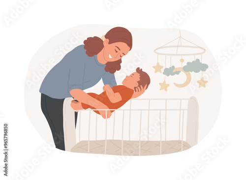 Putting a baby in bed isolated cartoon vector illustrations.