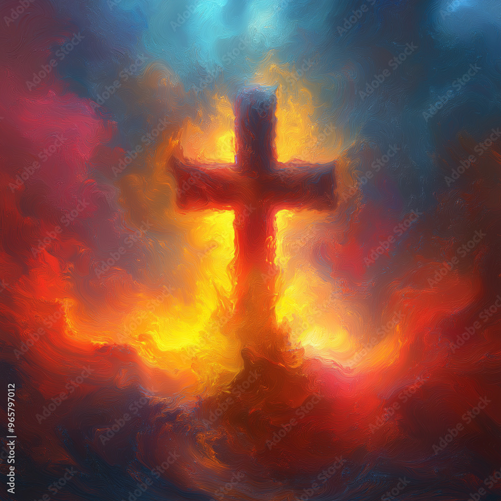 A cross is painted in a fiery red and blue sky A cross is painted in a fiery red and blue sky