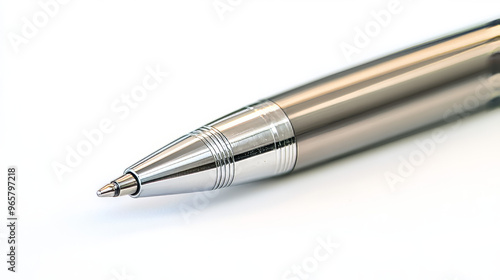 A detailed close-up of the tip of a sleek stainless steel ballpoint pen, highlighting its smooth design and writing precision. 