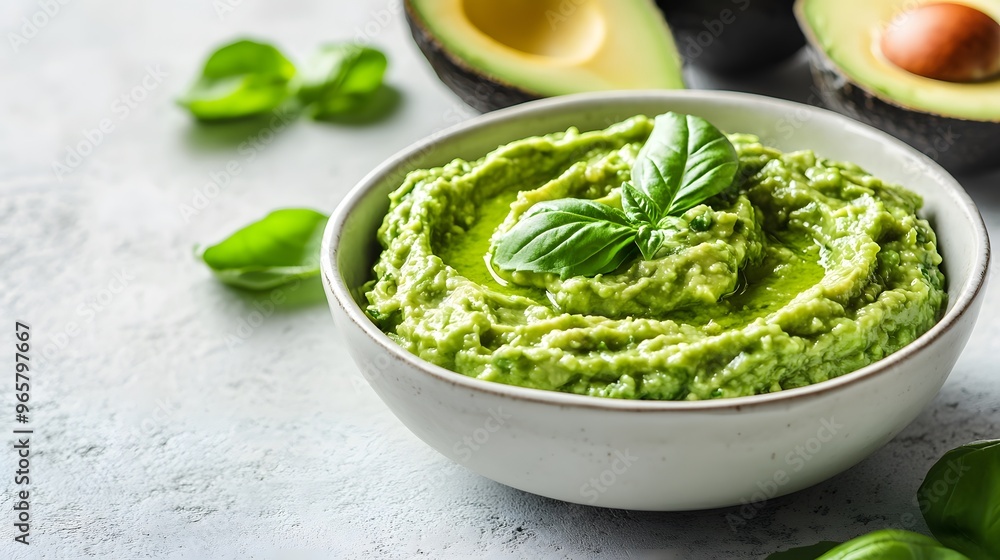 Guacamole in white ceramic bowl, sliced avocado halves, fresh basil leaves, creamy texture, healthy Mexican dip, minimalist food styling, soft natural lighting. Guacamole in white ceramic bowl, sliced avocado halves, fresh basil leaves, creamy texture, healthy Mexican dip, minimalist food styling, soft natural lighting.