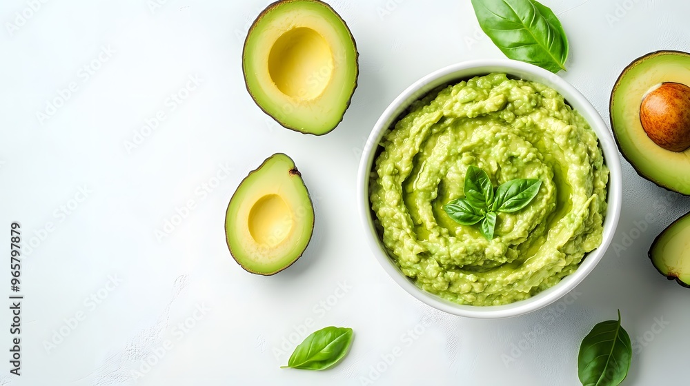 Obraz premium Guacamole in white ceramic bowl, sliced avocado halves, fresh basil leaves, creamy texture, healthy Mexican dip, minimalist food styling, soft natural lighting.