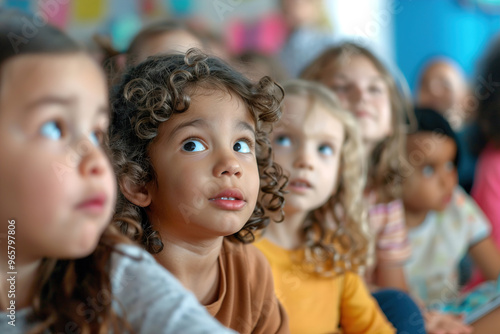 Children gathered around teacher at school for storytime, wide eyes, listening intently to first day’s tale