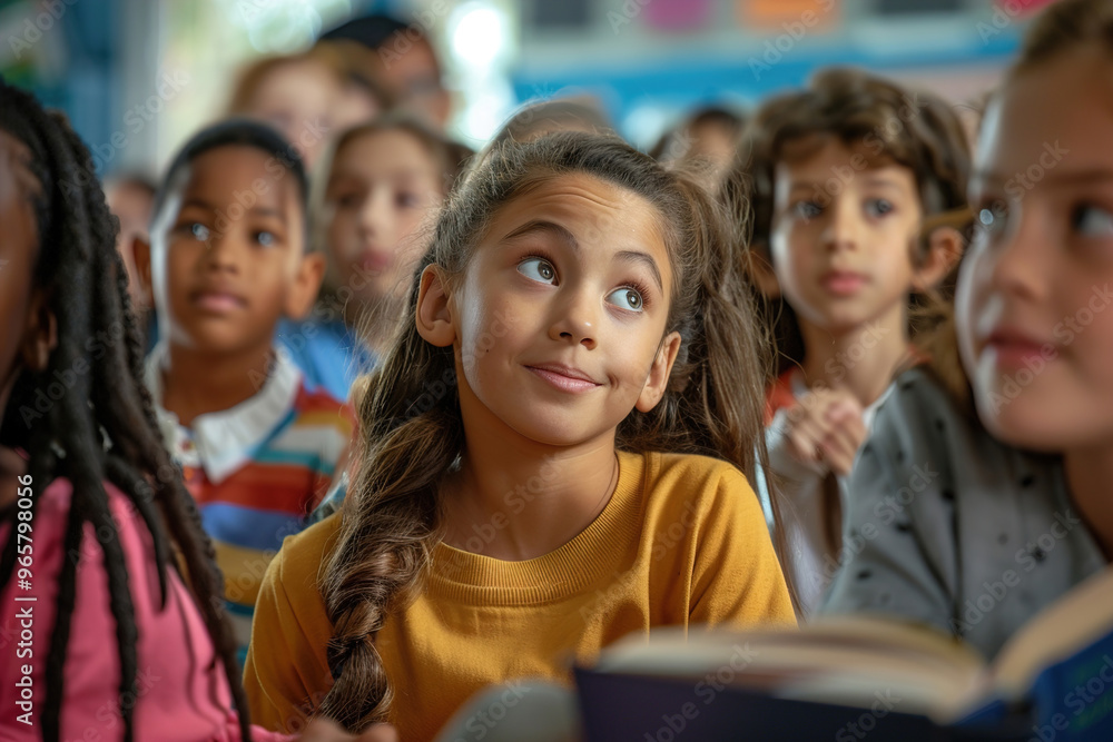 Children gathered around teacher at school for storytime, wide eyes, listening intently to first day’s tale Children gathered around teacher at school for storytime, wide eyes, listening intently to first day’s tale