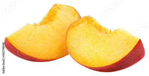 Peach slice isolated png. Peach slices on transparent background. PNG format. No background png peach. Full depth of field.