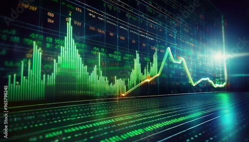 Stock ticker screen, eye level, green arrow pointing up, numbers ascending, optimistic trading scene