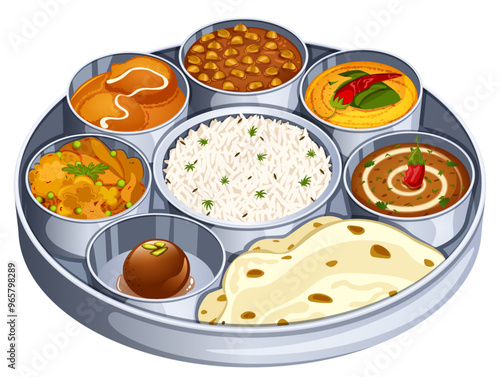 Indian Food Thali with Roti, Rice, Dal Makhani, Dal Tadka, Chana Masala, Kofta Curry, Aloo Sabzi and Gulab Jamun - Authentic Cuisine Vector Illustration 