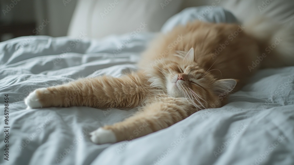 A fluffy orange cat stretches leisurely on a soft bed, embodying relaxation and comfort. A fluffy orange cat stretches leisurely on a soft bed, embodying relaxation and comfort.