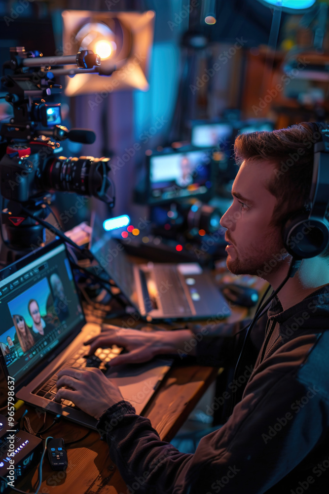 Digital content creator editing video clips on laptop, surrounded by cameras, microphone, and lighting equipment Digital content creator editing video clips on laptop, surrounded by cameras, microphone, and lighting equipment