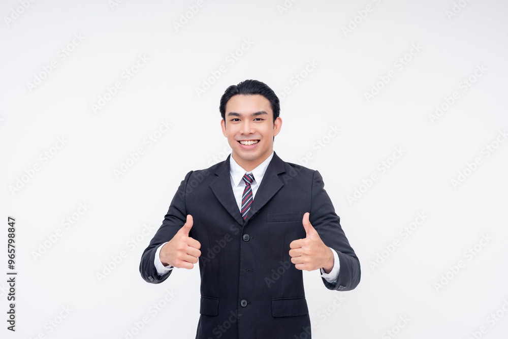 Portrait of an optimistic young asian business executive in a fashionable suit and tie giving his two thumbs up. Approving a project, isolated on a white background. Portrait of an optimistic young asian business executive in a fashionable suit and tie giving his two thumbs up. Approving a project, isolated on a white background.