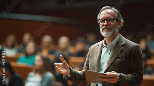 Mature professor giving a lecture in a university auditorium, engaging with students, academic setting
