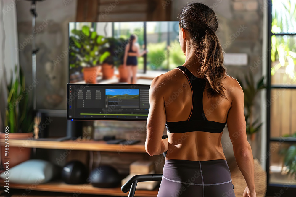 Remote fitness coach leading virtual workout session, demonstrating exercises in home gym, webcam recording Remote fitness coach leading virtual workout session, demonstrating exercises in home gym, webcam recording