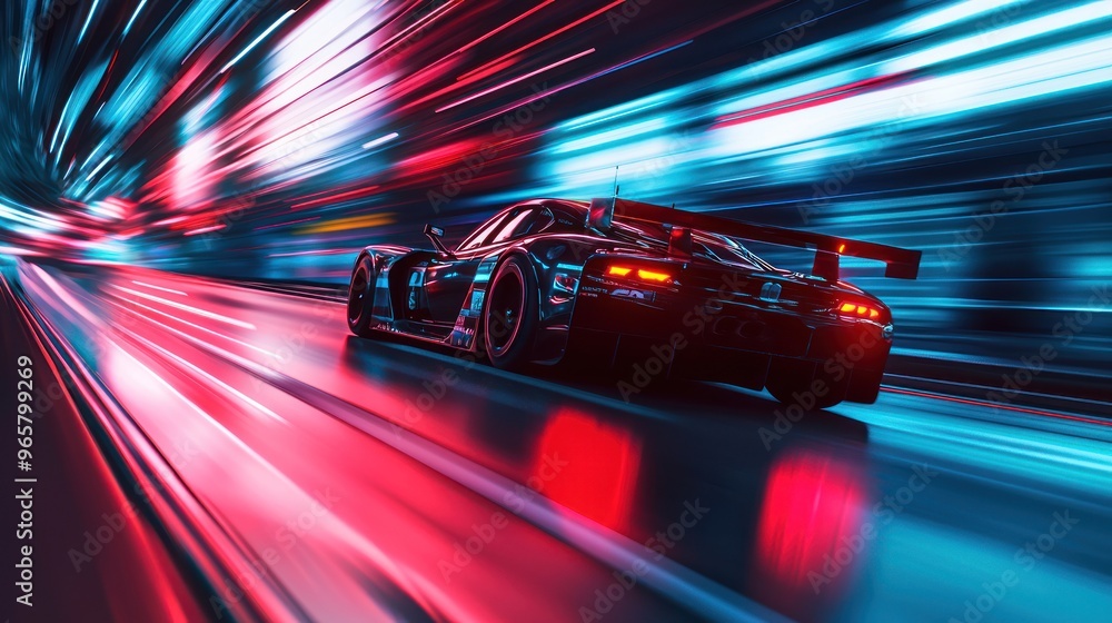Fast racing car driving on high speed along the street with blurred lights in neon. Evening race. Concept of motor sport, racing, competition Fast racing car driving on high speed along the street with blurred lights in neon. Evening race. Concept of motor sport, racing, competition