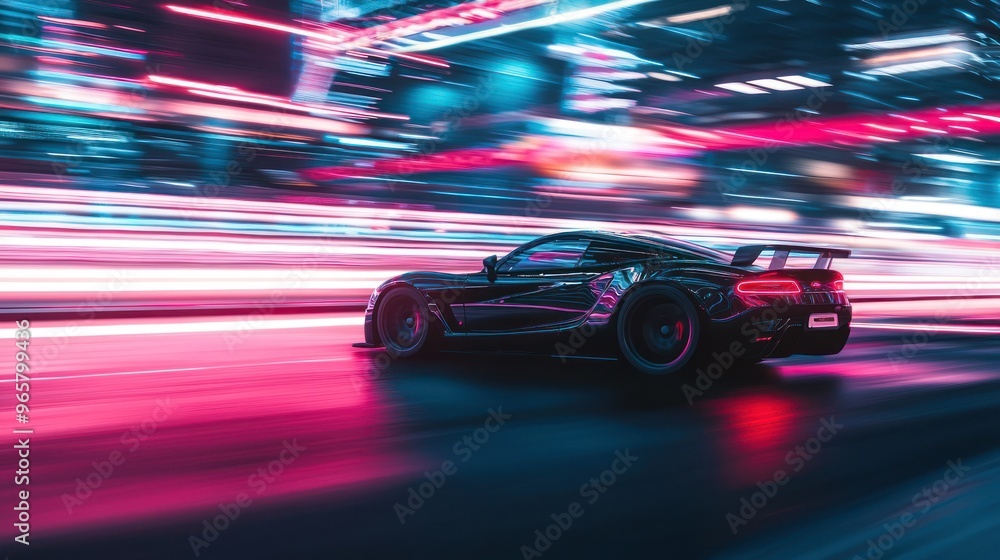Fast racing car driving on high speed along the street with blurred lights in neon. Evening race. Concept of motor sport, racing, competition Fast racing car driving on high speed along the street with blurred lights in neon. Evening race. Concept of motor sport, racing, competition