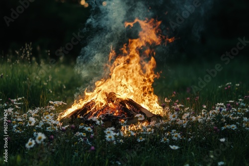 estonia's jaanipã¤ev, a detailed view of a traditional midsummer bonfire, surrounded by flowers and greenery photo