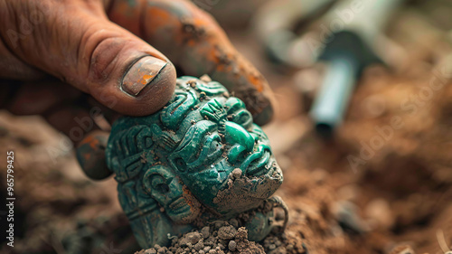 Hand Holding Ancient Stone Mask Fragment photo