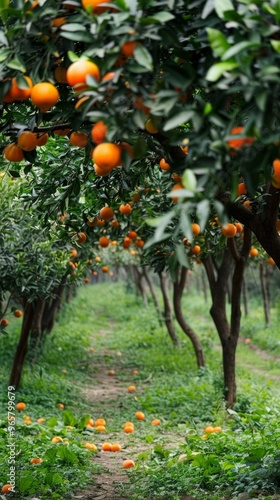 An aesthetic orange garden with ripe fruits, stone pathway, and green grass under a sunset glow, evokes a sense of freshness and beauty.
