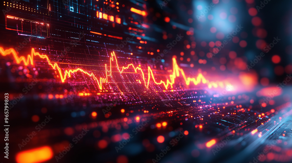 Obraz premium A computer screen with a red line that is going down