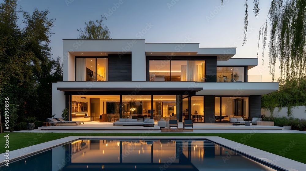 Fototapeta premium Modern luxury villa at dusk, contemporary architecture, two-story house, large windows, white and dark gray exterior, flat roof, balcony, swimming pool, manicured lawn.