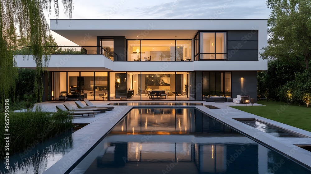 Fototapeta premium Modern luxury villa at dusk, contemporary architecture, two-story house, large windows, white and dark gray exterior, flat roof, balcony, swimming pool, manicured lawn.