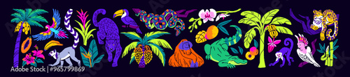 Set of tropical animals and plants. Different jungle flora, exotic fauna. Colourful rainforest nature- jaguars, monkeys, crocodiles, snakes, palm trees, bananas. Flat isolated vector illustrations