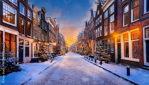 A peaceful Amsterdam street at the break of dawn on Christmas Day.