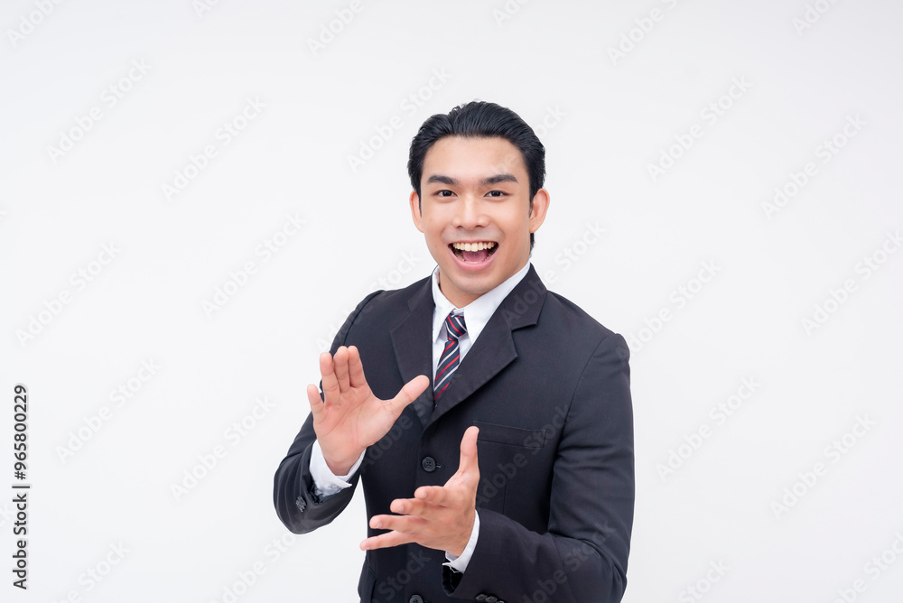A happy young asian business executive applauding someone's efforts, clapping with his hands. Giving rousing encouragement. Isolated on a white background. A happy young asian business executive applauding someone's efforts, clapping with his hands. Giving rousing encouragement. Isolated on a white background.