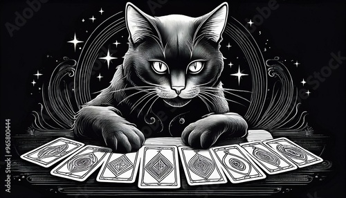 Ultra high quality line art, a black cat deeply engrossed in reading tarot cards, white bold outlines create a surreal scene on black