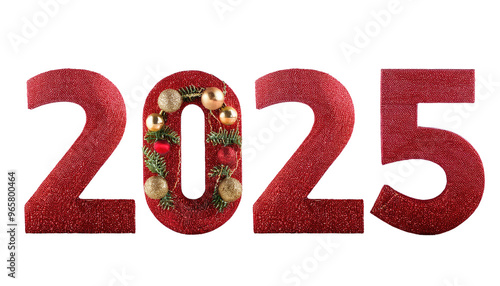 Happy New Year Celebration with Christmas Decorations, Combining Festive Joy and Seasonal Cheer, Ideal for Holiday and New Year Greetings, Isolated on Transparent Background, PNG File