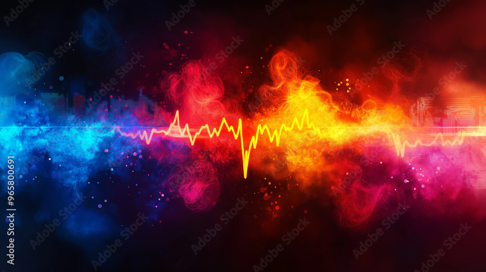 A colorful, abstract image of a sound wave with a red and blue line A colorful, abstract image of a sound wave with a red and blue line