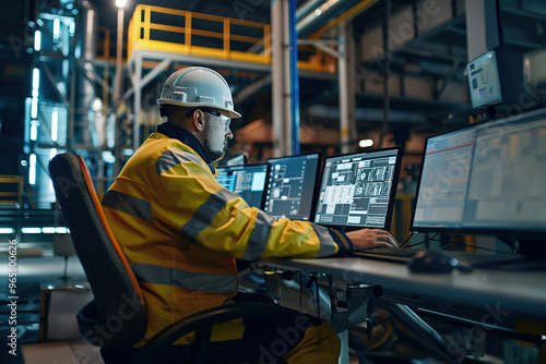 Remote machinery operator controlling industrial equipment from a distance, monitoring performance via computer interface