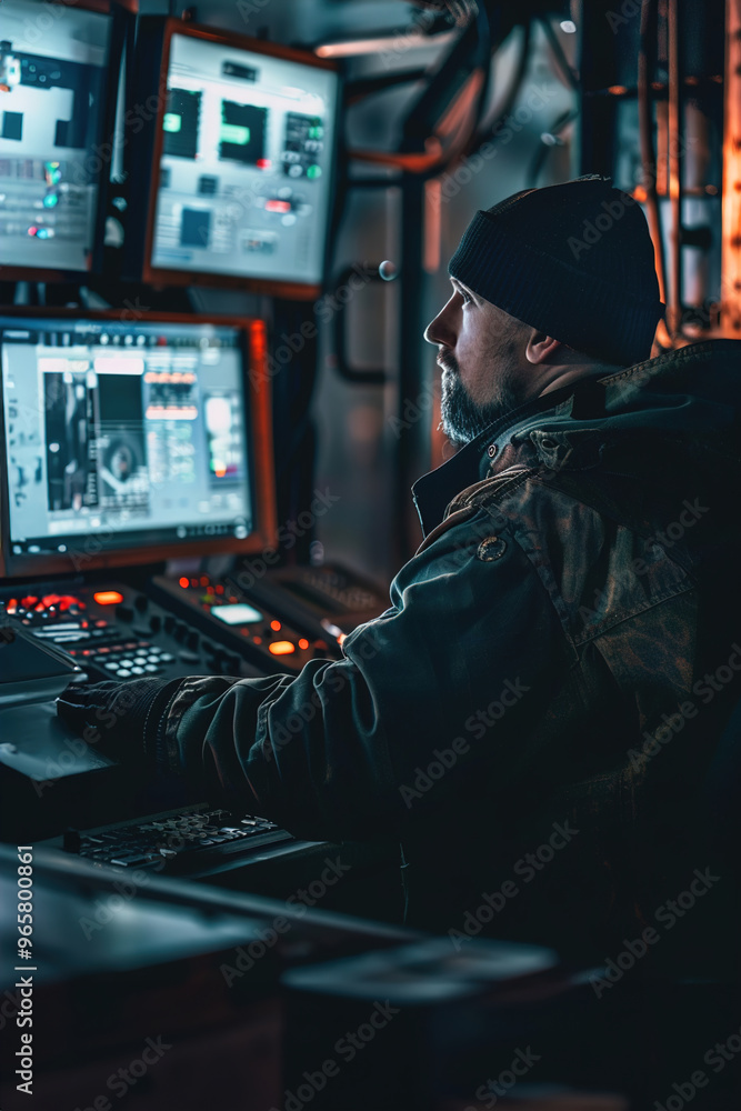 Remote machinery operator controlling industrial equipment from a distance, monitoring performance via computer interface Remote machinery operator controlling industrial equipment from a distance, monitoring performance via computer interface