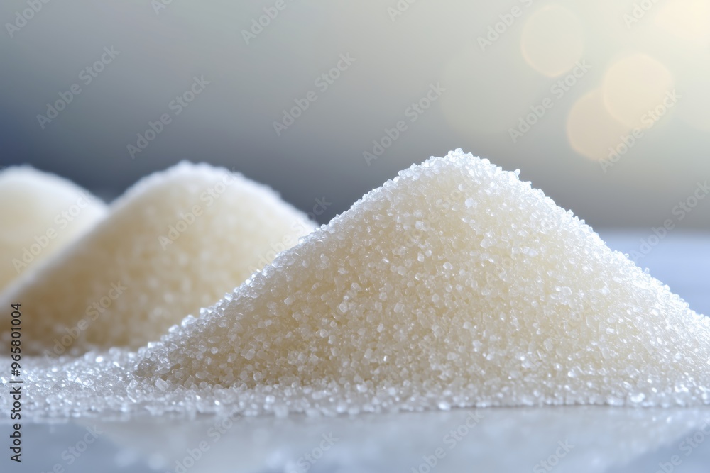 White sugar forming small mountains on shiny surface White sugar forming small mountains on shiny surface