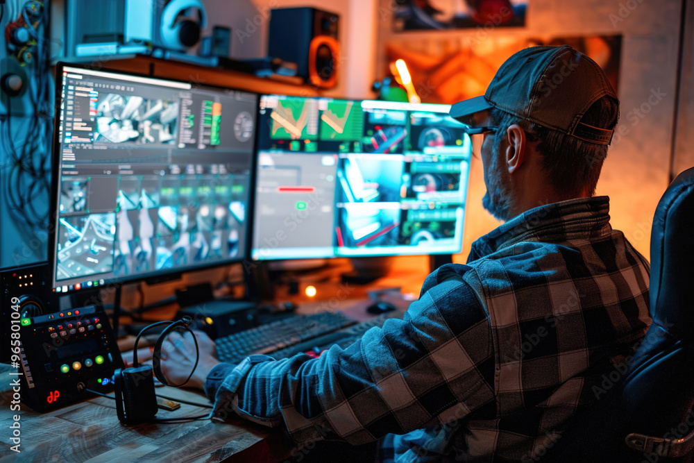 Remote machinery operator controlling industrial equipment from home, monitoring performance via computer interface Remote machinery operator controlling industrial equipment from home, monitoring performance via computer interface