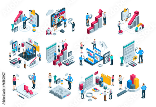 isometric vector set of business people working with charts and diagrams and documents, in color on white background, work with statistical and financial data or success strategy