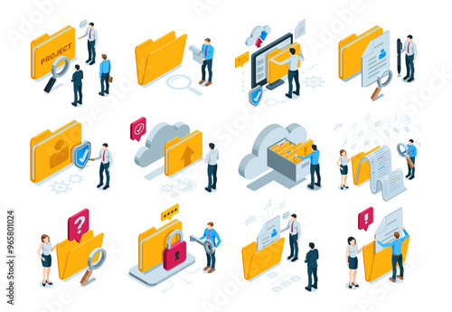 isometric vector set of business people working with folders and documents, in color on white background, teamwork or working with documents and folders