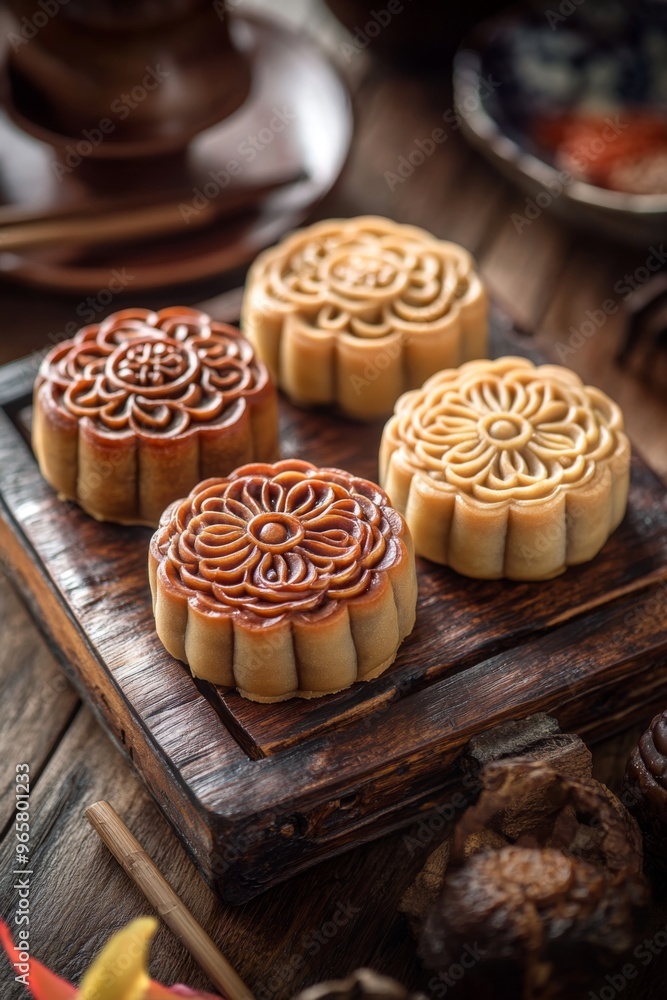 intricately designed mooncakes on a wooden table at the zhongqiu festival in taiwan intricately designed mooncakes on a wooden table at the zhongqiu festival in taiwan