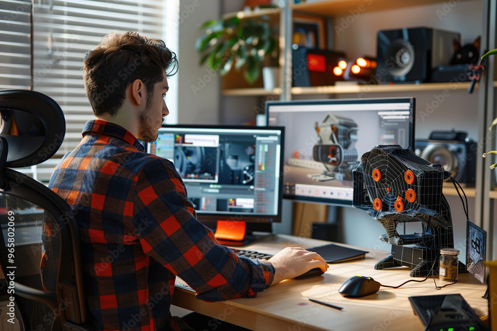 Virtual industrial designer creating 3D models of machinery, refining prototypes, sharing designs with engineers Virtual industrial designer creating 3D models of machinery, refining prototypes, sharing designs with engineers