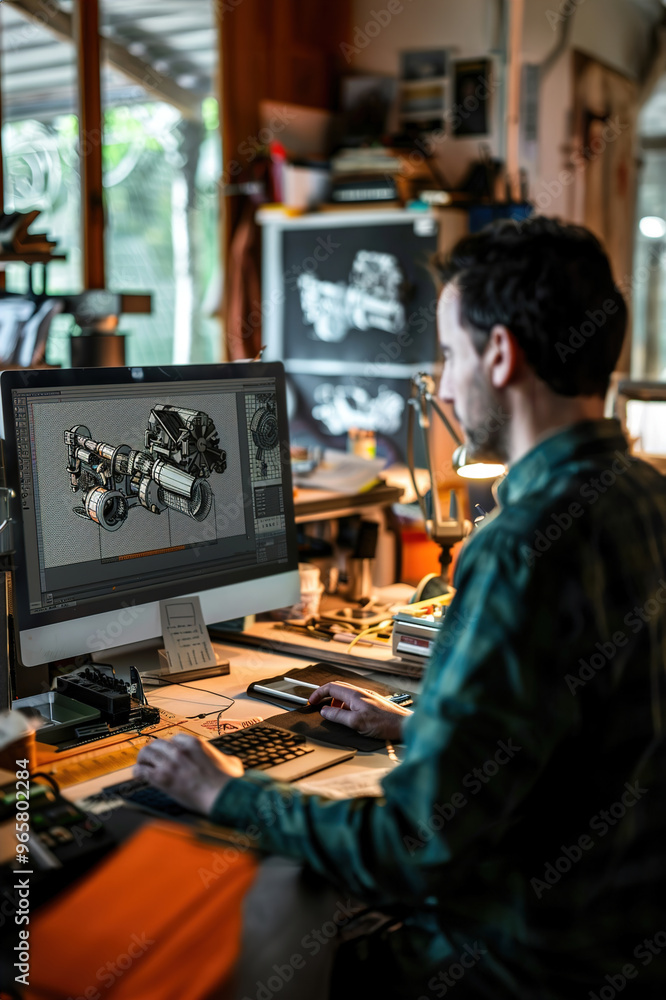 Virtual industrial designer creating 3D models of machinery, refining prototypes, sharing designs with engineers Virtual industrial designer creating 3D models of machinery, refining prototypes, sharing designs with engineers