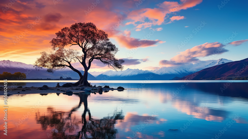 Obraz premium A lone tree with vibrant red leaves in the center of a calm lake