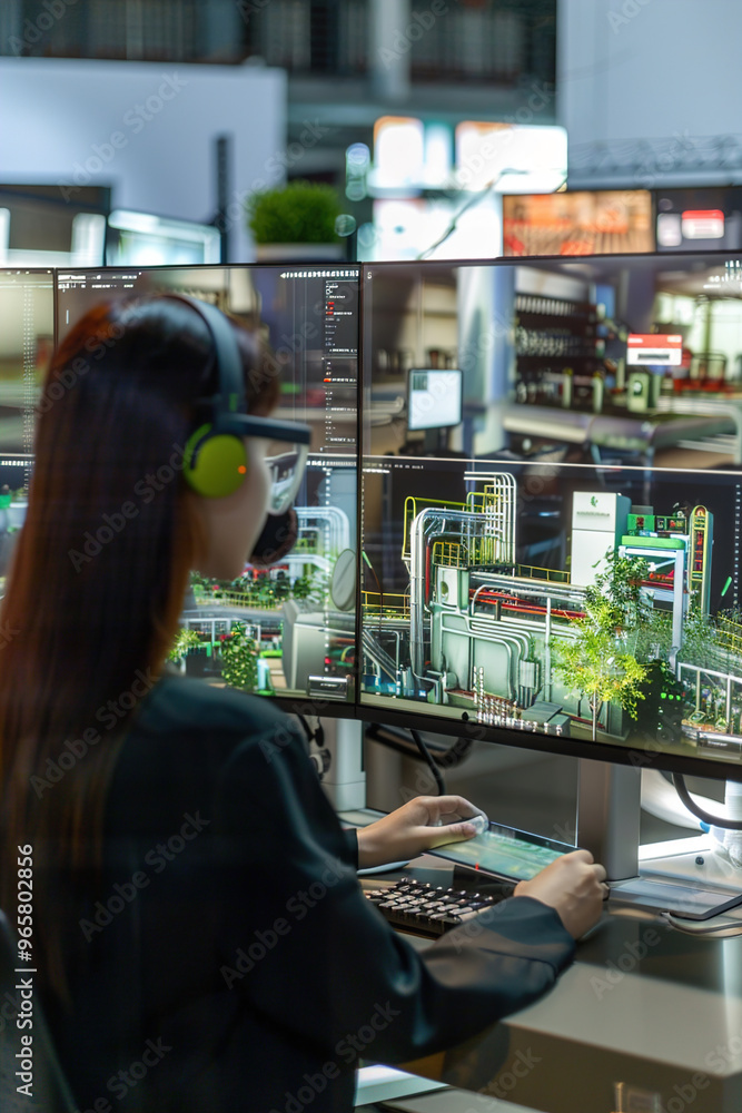 Virtual plant manager overseeing multiple factories, monitoring operations in real-time, communicating with supervisors remotely Virtual plant manager overseeing multiple factories, monitoring operations in real-time, communicating with supervisors remotely