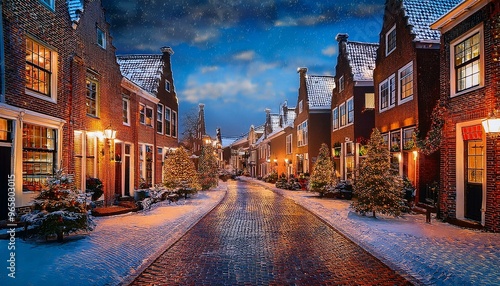 A picturesque Dutch village street during Christmas.