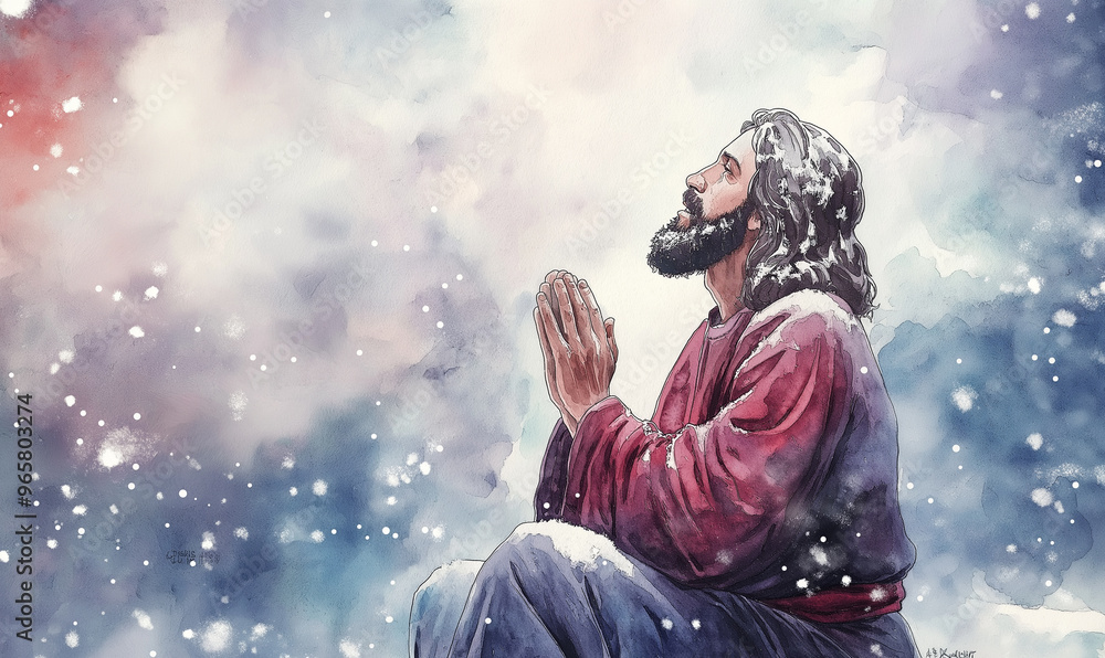 Jesus Christ with long hair and a beard kneeling in a prayerful posture, his hands clasped together, looking upwards with a serene expression. He wears a deep Jesus Christ with long hair and a beard kneeling in a prayerful posture, his hands clasped together, looking upwards with a serene expression. He wears a deep