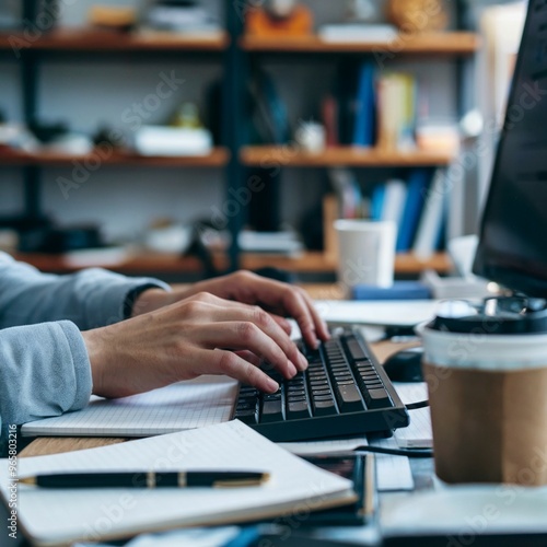 Photo of Hands Typing Quickly on a Keyboard with a Coffee Cup Nearby