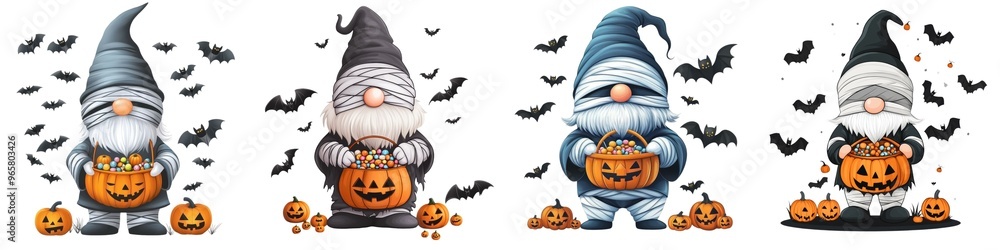 A playful collection of Halloween gnomes holding pumpkins, surrounded by bats. Perfect for fall decoration or festive themes. A playful collection of Halloween gnomes holding pumpkins, surrounded by bats. Perfect for fall decoration or festive themes.