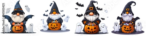 A festive collection of whimsical gnomes celebrating Halloween with pumpkins, bats, and ghosts in a charming illustration.