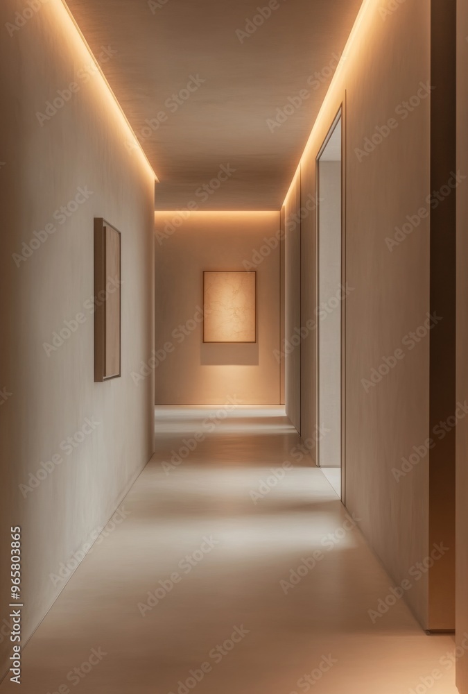 Minimalist hallway with clean walls, a single piece of artwork, and subtle lighting Minimalist hallway with clean walls, a single piece of artwork, and subtle lighting