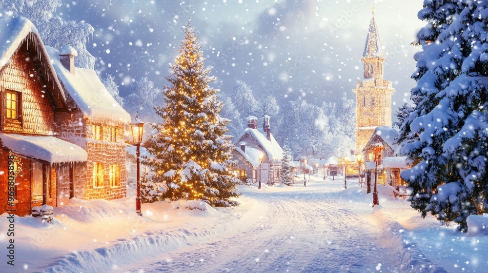 Fototapeta premium A snowy street with a church in the background