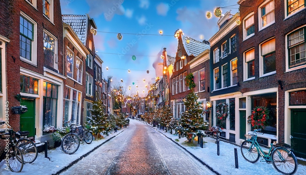 Fototapeta premium A quaint, snow-covered Dutch street in the heart of Amsterdam.